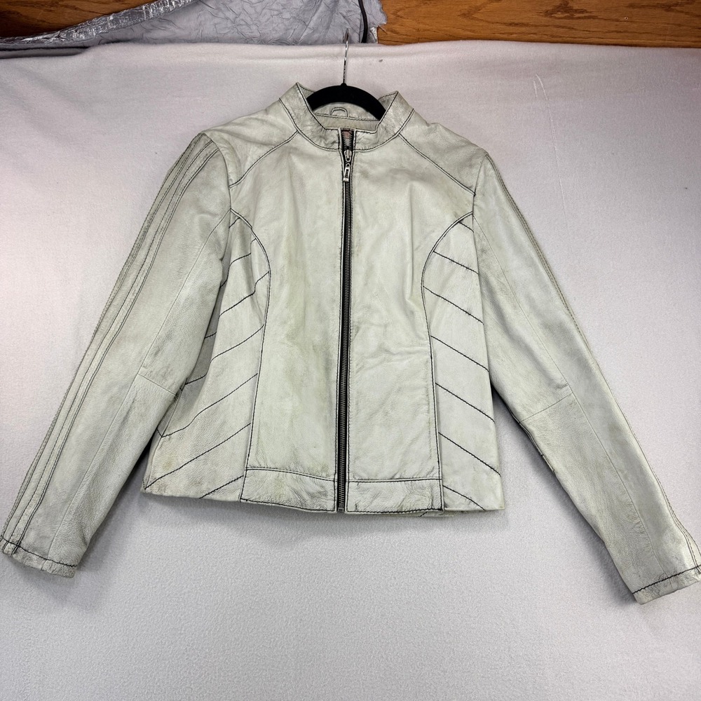 Wilsons Leather Vintage Gray Distressed Moto Biker Jacket Womens Medium
